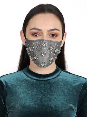 3-Ply Grey & White Faux Silk Embellished Fabric Fashion Mask 1