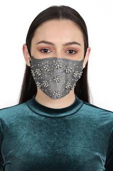 3-Ply Grey & White Faux Silk Embellished Fabric Fashion Mask