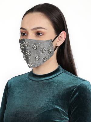 3-Ply Grey & White Faux Silk Embellished Fabric Fashion Mask 2