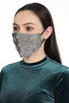 3-Ply Grey & White Faux Silk Embellished Fabric Fashion Mask