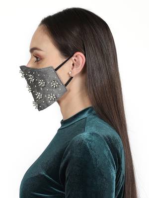 3-Ply Grey & White Faux Silk Embellished Fabric Fashion Mask 3