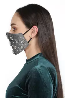 3-Ply Grey & White Faux Silk Embellished Fabric Fashion Mask
