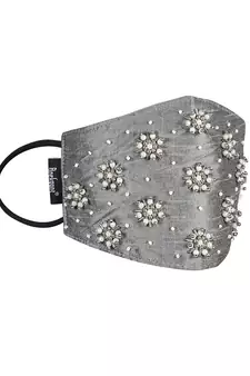 3-Ply Grey & White Faux Silk Embellished Fabric Fashion Mask