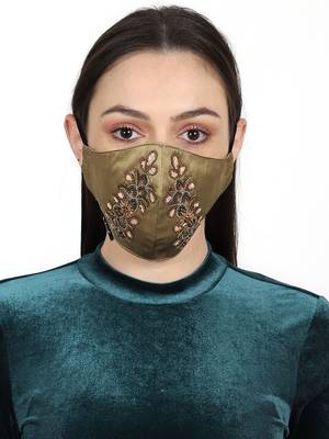 3-Ply Beige & Multi Faux Silk Embellished Fabric Fashion Mask 1
