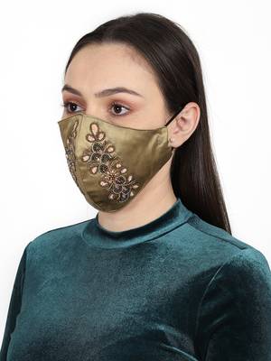 3-Ply Beige & Multi Faux Silk Embellished Fabric Fashion Mask 2