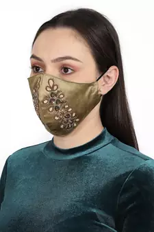 3-Ply Beige & Multi Faux Silk Embellished Fabric Fashion Mask
