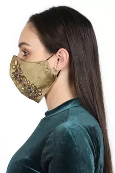 3-Ply Beige & Multi Faux Silk Embellished Fabric Fashion Mask