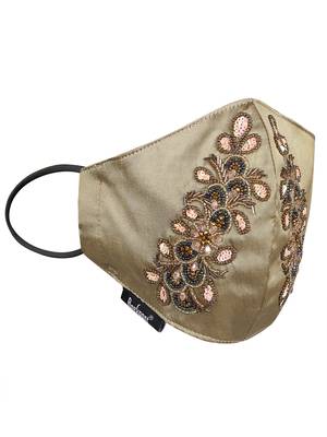 3-Ply Beige & Multi Faux Silk Embellished Fabric Fashion Mask 4