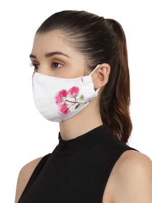 3-Ply White & Pink Cotton Floral Embroidered Fabric Fashion Mask 2