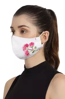 3-Ply White & Pink Cotton Floral Embroidered Fabric Fashion Mask