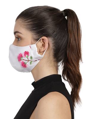 3-Ply White & Pink Cotton Floral Embroidered Fabric Fashion Mask 3