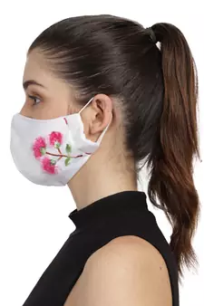 3-Ply White & Pink Cotton Floral Embroidered Fabric Fashion Mask