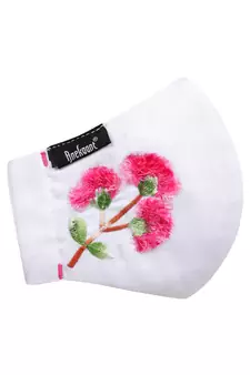 3-Ply White & Pink Cotton Floral Embroidered Fabric Fashion Mask