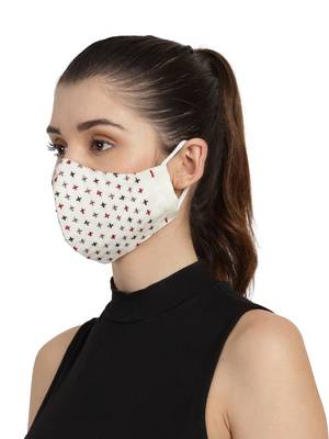 3-Ply Cream & Multi Cotton Embroidered Fabric Fashion Mask 2