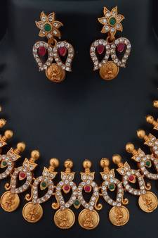 Latest Matt Finish Lakshmi Goddess Coin Style CZ Stone Pink Green Classy Jewellery Set