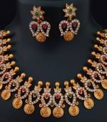 Latest Matt Finish Lakshmi Goddess Coin Style CZ Stone Pink Green Classy Jewellery Set
