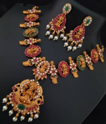 Latest Matt Finish Lakshmi Goddess Pendant CZ Stone Pink Green Classy Jewellery Set 1