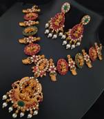 Latest Matt Finish Lakshmi Goddess Pendant CZ Stone Pink Green Classy Jewellery Set