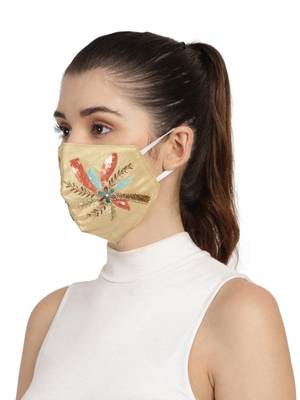3-Ply Gold & Multi Faux Silk Embellished Fabric Fashion Mask 2