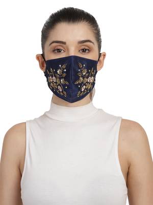 3-Ply Navy Blue & Gold Faux Silk Embellished Fabric Fashion Mask 1