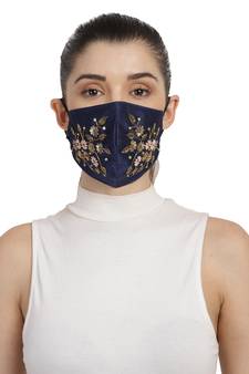 3-Ply Navy Blue & Gold Faux Silk Embellished Fabric Fashion Mask
