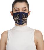 3-Ply Navy Blue & Gold Faux Silk Embellished Fabric Fashion Mask