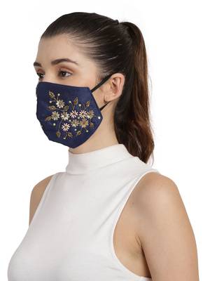 3-Ply Navy Blue & Gold Faux Silk Embellished Fabric Fashion Mask 2