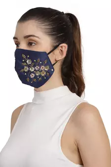 3-Ply Navy Blue & Gold Faux Silk Embellished Fabric Fashion Mask