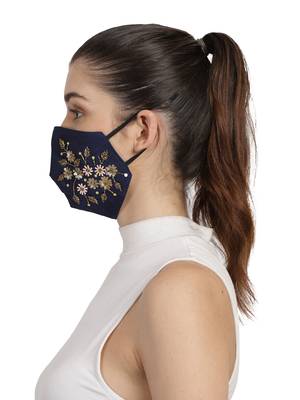 3-Ply Navy Blue & Gold Faux Silk Embellished Fabric Fashion Mask 3