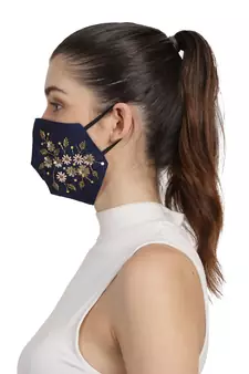 3-Ply Navy Blue & Gold Faux Silk Embellished Fabric Fashion Mask