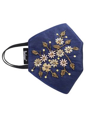 3-Ply Navy Blue & Gold Faux Silk Embellished Fabric Fashion Mask 4