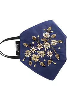 3-Ply Navy Blue & Gold Faux Silk Embellished Fabric Fashion Mask