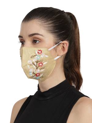 3-Ply Gold & Multi Faux Silk Embellished Fabric Fashion Mask 2