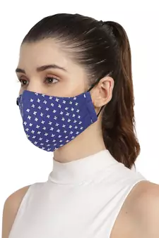 3-Ply Royel Blue & White Cotton Embroidered Fabric Fashion Mask