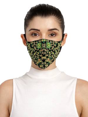 3-Ply Black & Multi Fluorescent Cotton Embroidered Fabric Fashion Mask 1