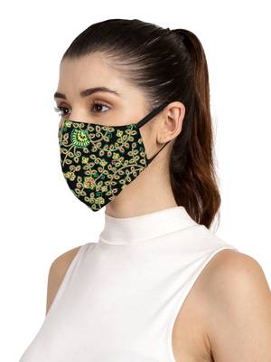 3-Ply Black & Multi Fluorescent Cotton Embroidered Fabric Fashion Mask 2