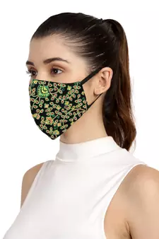 3-Ply Black & Multi Fluorescent Cotton Embroidered Fabric Fashion Mask