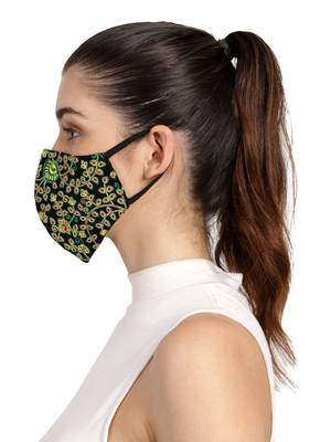 3-Ply Black & Multi Fluorescent Cotton Embroidered Fabric Fashion Mask 3