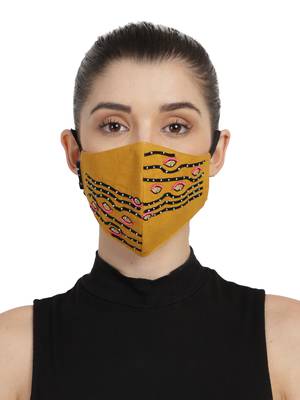3-Ply Mustard & Black Cotton Embroidered Fabric Fashion Mask 1