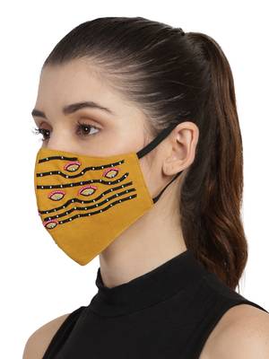 3-Ply Mustard & Black Cotton Embroidered Fabric Fashion Mask 2