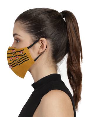 3-Ply Mustard & Black Cotton Embroidered Fabric Fashion Mask 3