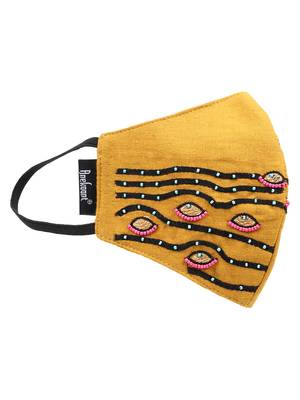 3-Ply Mustard & Black Cotton Embroidered Fabric Fashion Mask 4