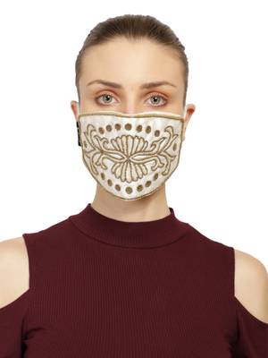 3-Ply White & Gold Art Silk Embellished Fabric Fashion Mask 1