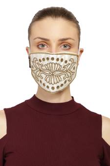 3-Ply White & Gold Art Silk Embellished Fabric Fashion Mask