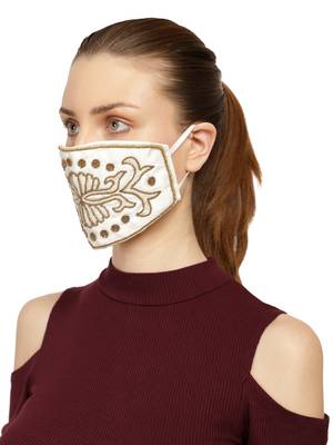 3-Ply White & Gold Art Silk Embellished Fabric Fashion Mask 2