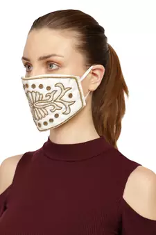 3-Ply White & Gold Art Silk Embellished Fabric Fashion Mask