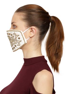 3-Ply White & Gold Art Silk Embellished Fabric Fashion Mask 3