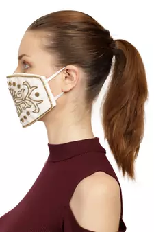 3-Ply White & Gold Art Silk Embellished Fabric Fashion Mask