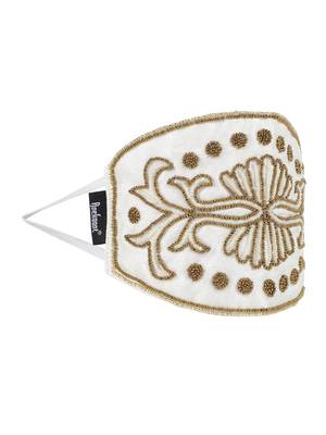 3-Ply White & Gold Art Silk Embellished Fabric Fashion Mask 4
