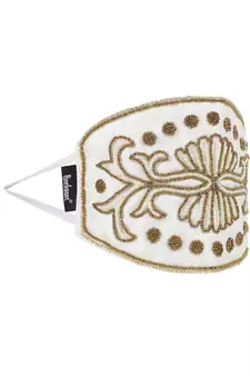 3-Ply White & Gold Art Silk Embellished Fabric Fashion Mask